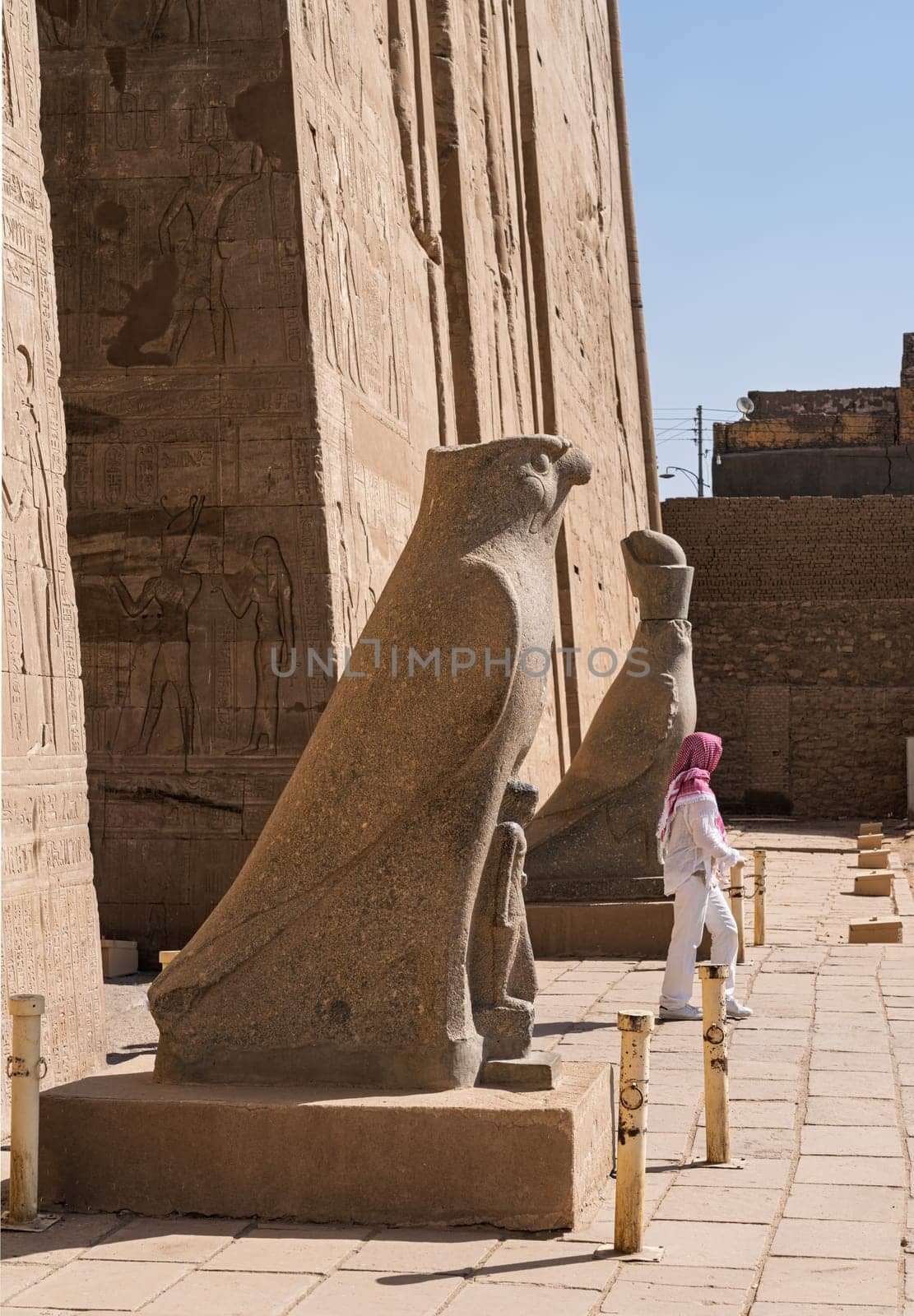 Detail of the carved statues of Horus outside the Pylon at the entrance of the massive temple in Edfu dedicated to Horus and Hathor