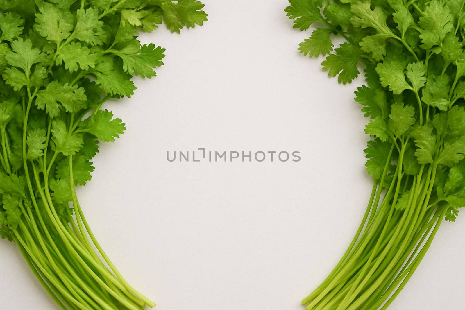 AI generated vibrant image of crisp cilantro leaves arranged in lush circular formation, showcasing their delicate texture and fresh-picked quality against clean white background