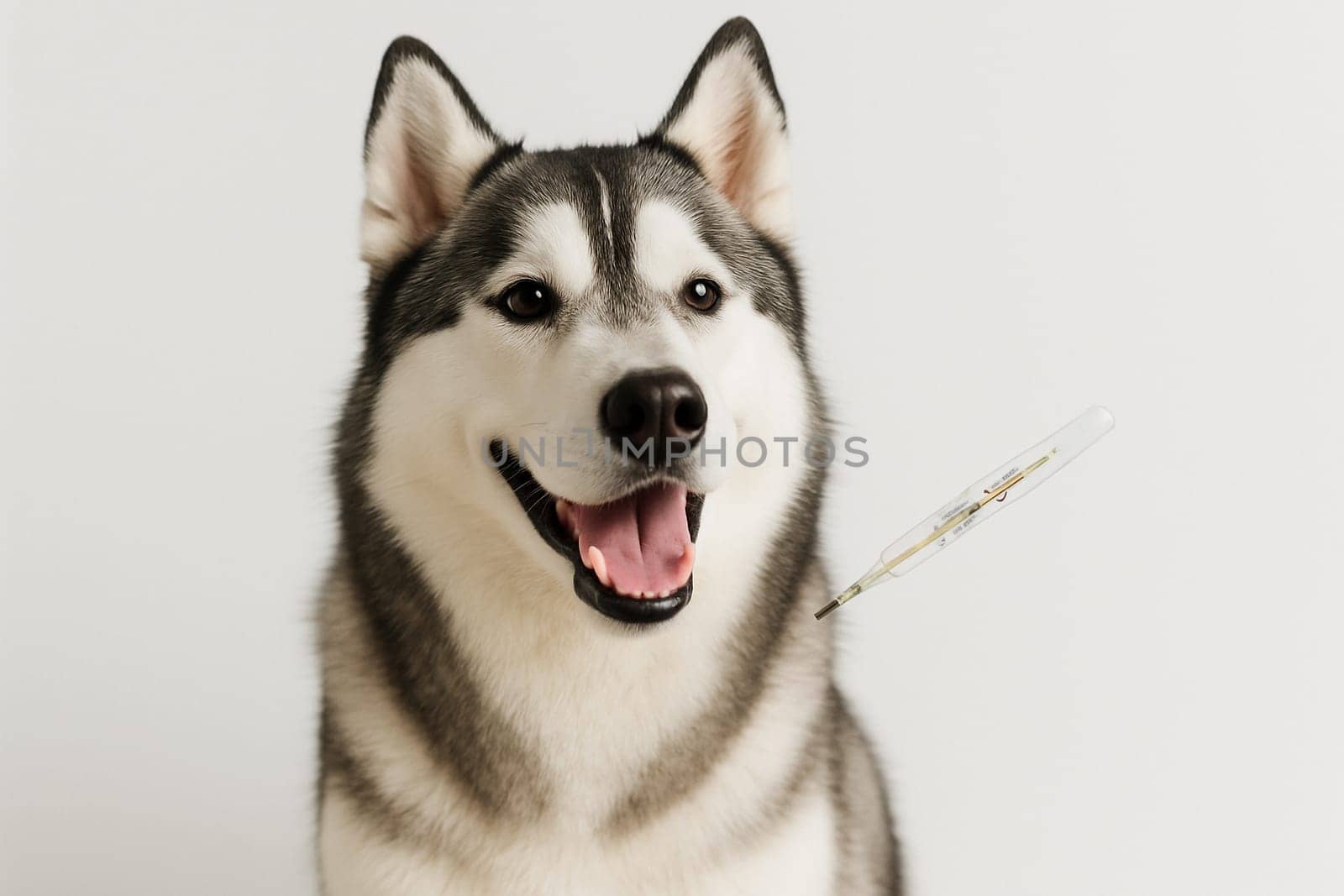 AI generated happy siberian husky dog with high fever thermometer showing elevated temperature symbolizing pet health monitoring and veterinary care concept white background animal wellness check