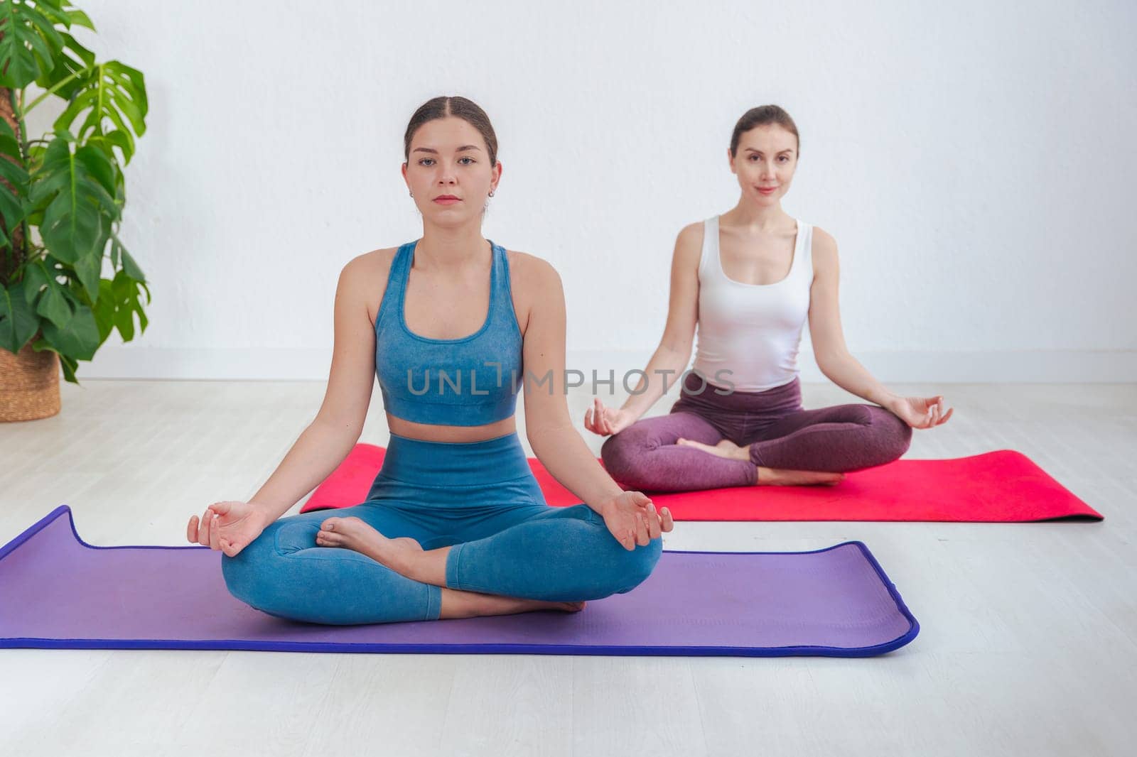 Caucasian women sitting in lotus pose with hands in prayer position, meditating on yoga mats indoors. Ideal for wellness, mindfulness, meditation, peace, and healthy lifestyle themes.