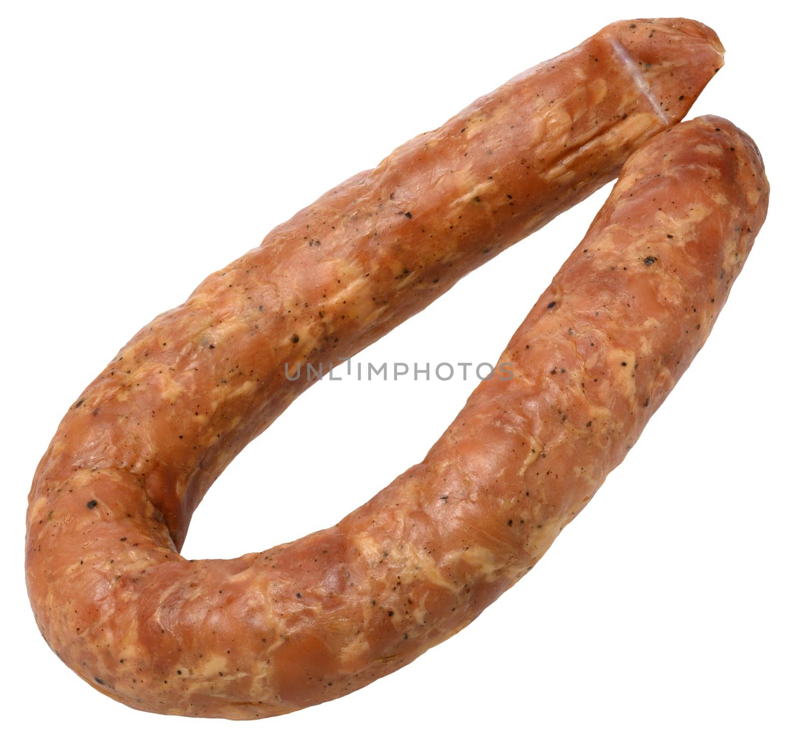 Smoked sausage with visible spices, isolated background. Delicious meat product
