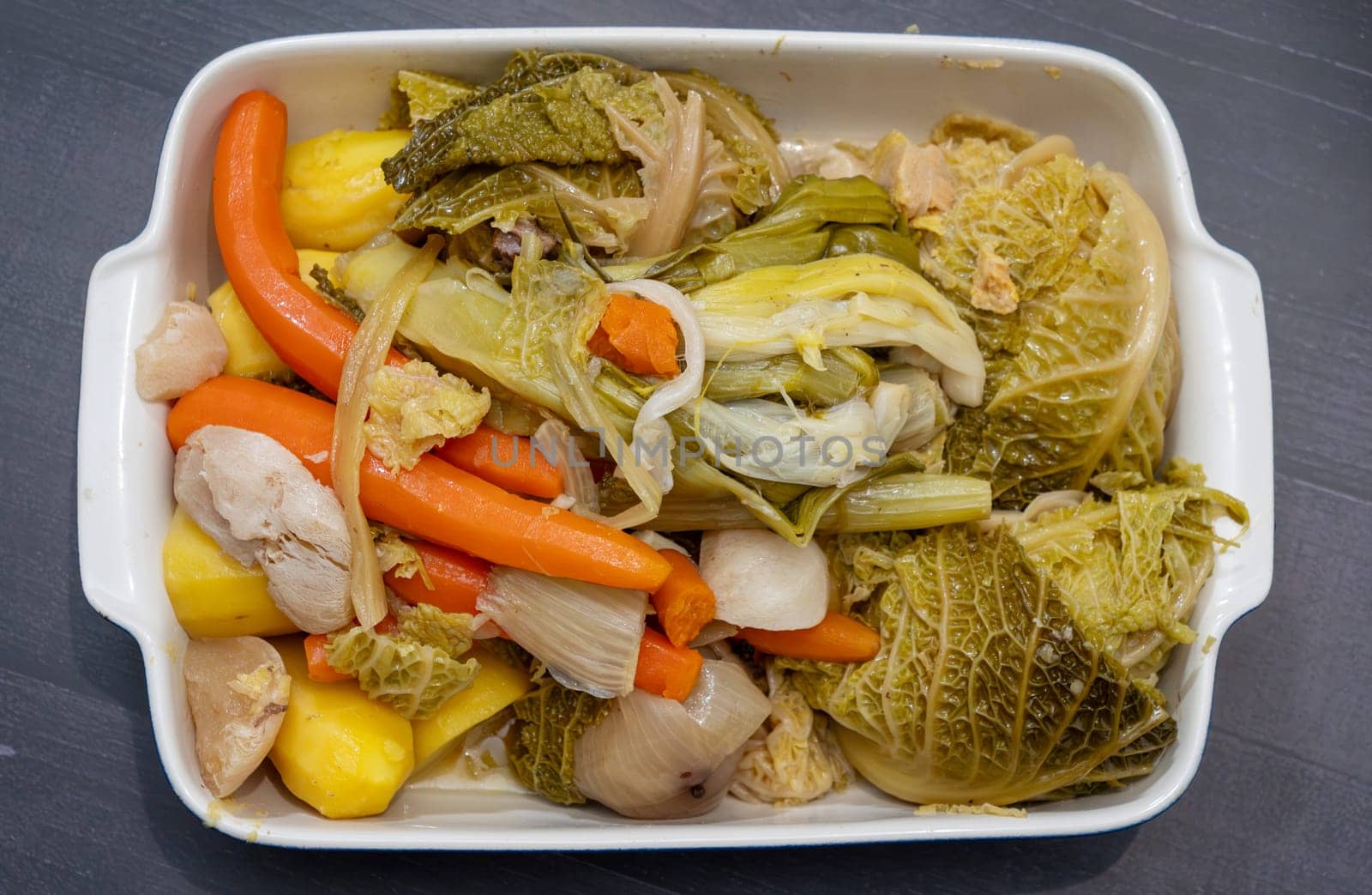 a top view of Pot-au-feu vegetables in a rectangular dish