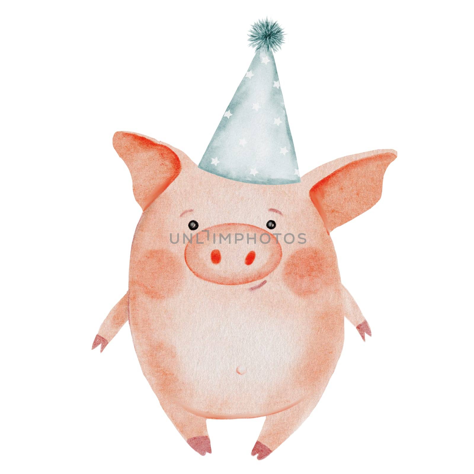 Little cute pig watercolor drawing. Hand drawn illustration of piglet in a party hat on white background. Clip art of cute farm animal character. Ideal for stickers, cards and baby educational cards. High quality photo