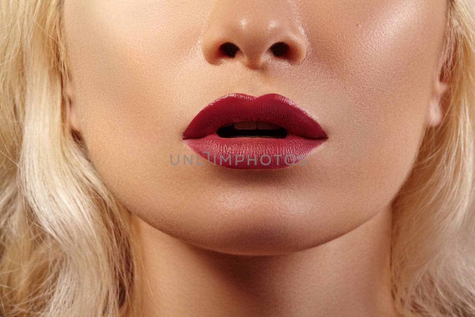 Sexy Part of Female Face with Plump Red Lips, Perfect Chin Shapes and Smooth Skin. Fashion Lip Make-up. Mat Fashionable Style. Beauty Macro Shot. Copy Space Concept