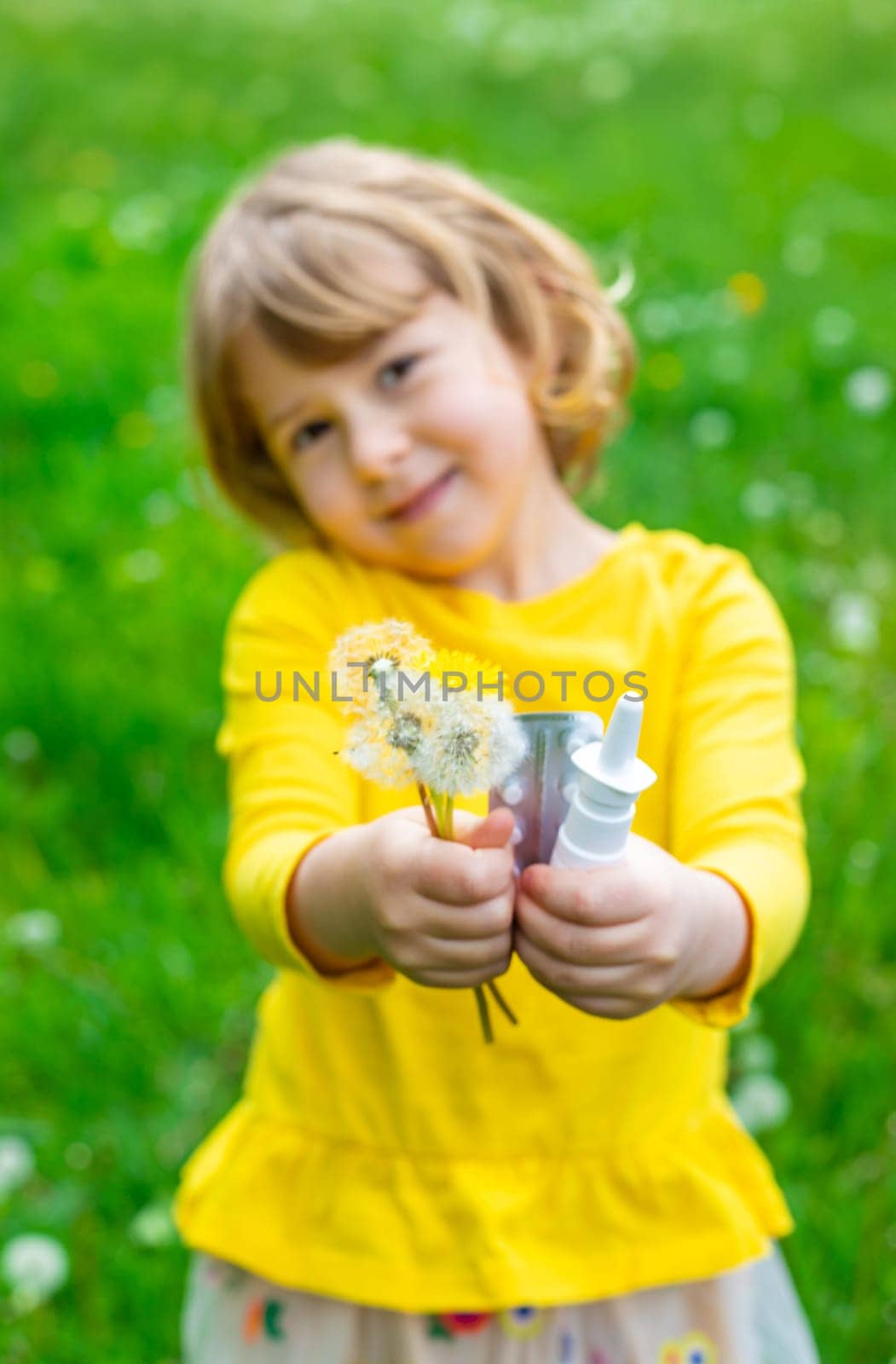 The child is allergic to dandelions. Selective focus. Kid.
