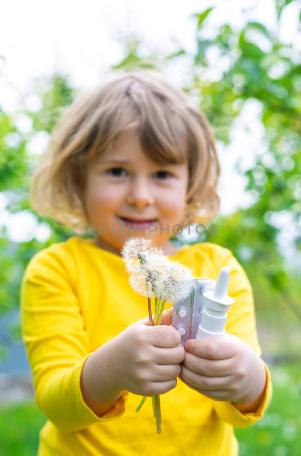 The child is allergic to dandelions. Selective focus. Kid.