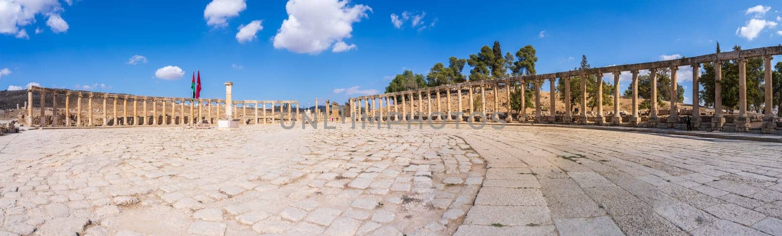 Wide panorama of the Oval Plaza is unique in its shape in Jerash, a Greco-Roman well preserved city in Jordan