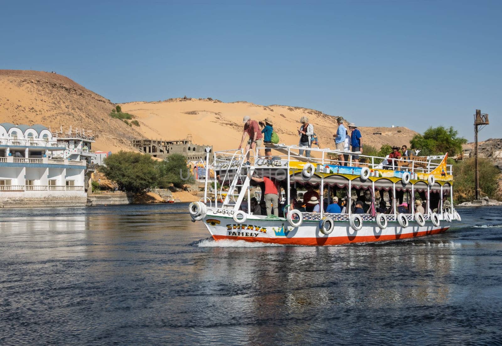 Aswan, Egypt - 5 November 2024: Scenic boat cruise on the Nile River near Aswan, Egypt, heading across the river for bird watching