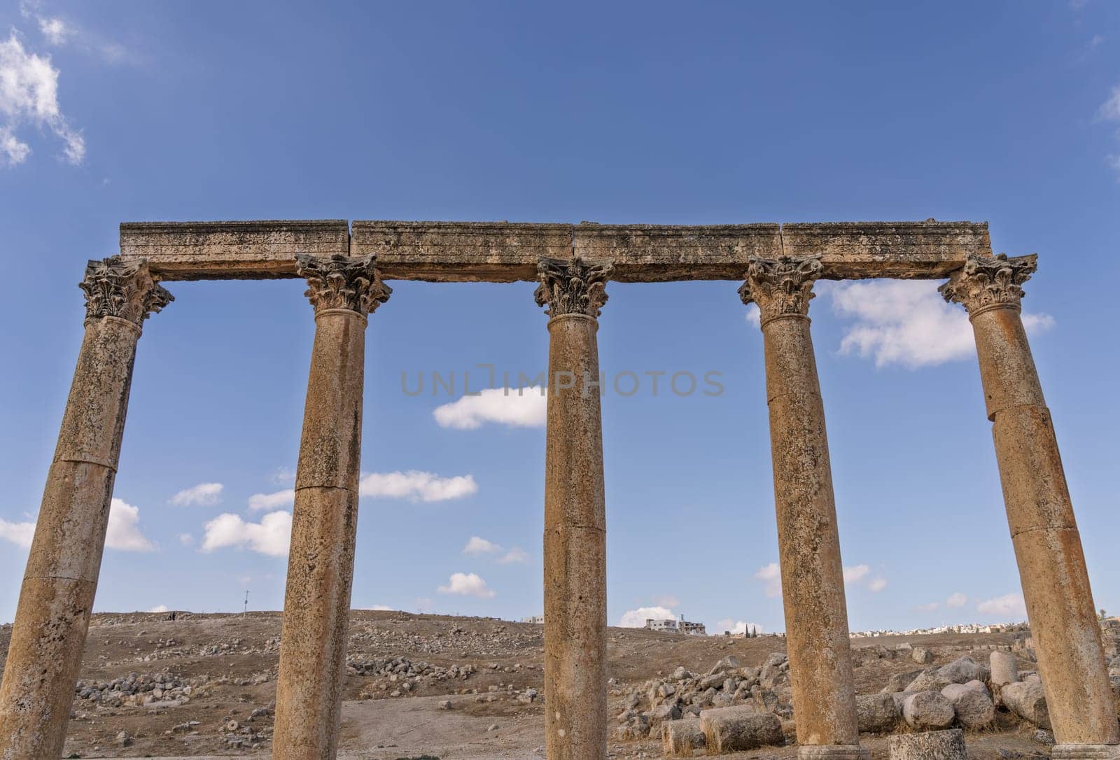 Columns line the Cardo Maximus or main street in Jerash, a Greco-Roman well preserved city in Jordan