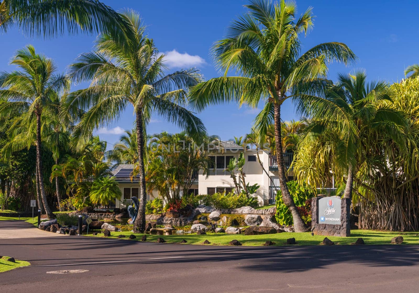 Princeville, Kauai - 4 February 2025: Entrance to Wyndham Bali Hai timeshare resort in Princeville