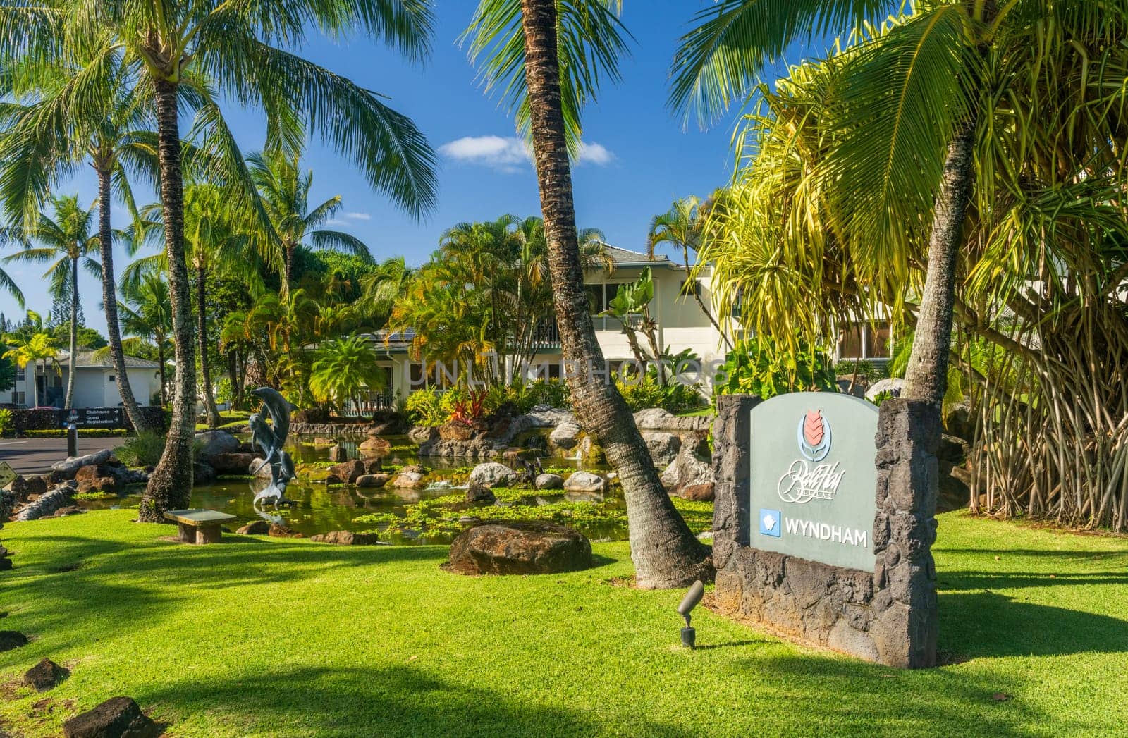 Princeville, Kauai - 4 February 2025: Entrance to Wyndham Bali Hai timeshare resort in Princeville