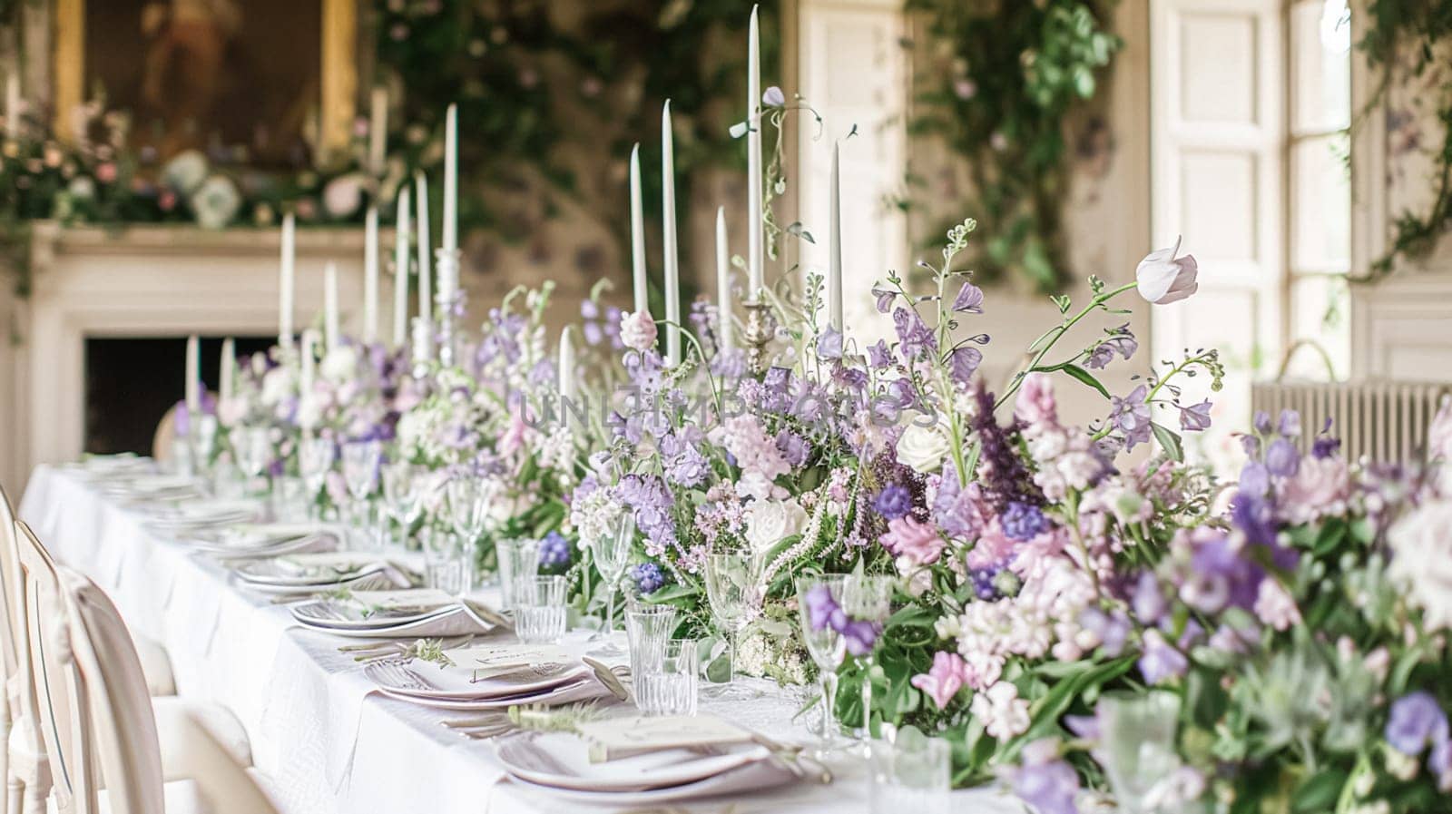 Elegant indoor wedding dining table with floral arrangements in shades of purple, lavender and pink, set in a grand room with mirrors and chandeliers.