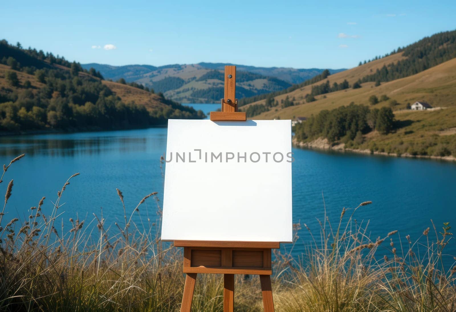 Blank White Canvas on an Easel Overlooking a Lake and Mountains