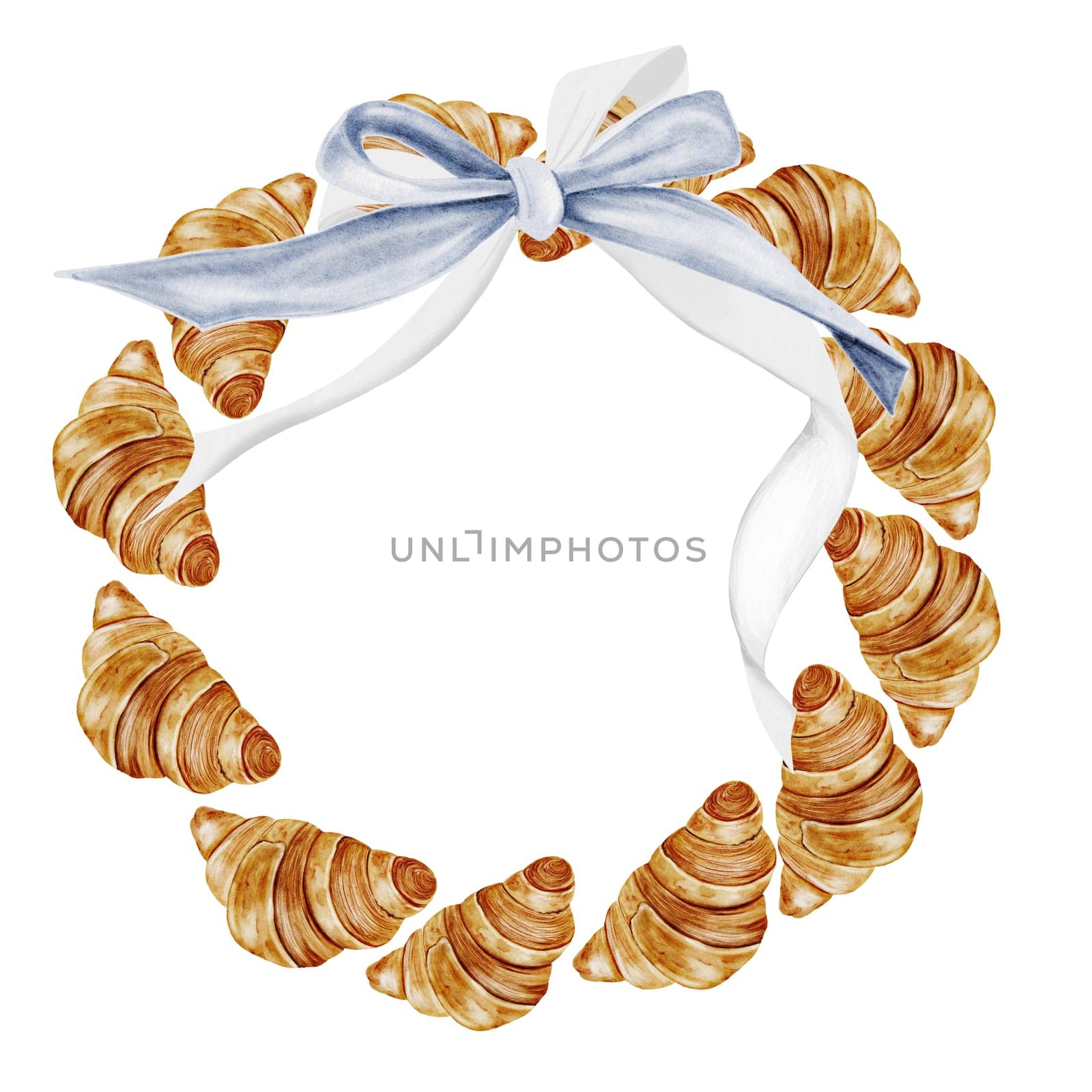 Croissant watercolor frame. Hand drawn fresh french bun with a bow. Food clip art. Ideal for bakery prints, postcards and pastry shop posters. High quality illustration