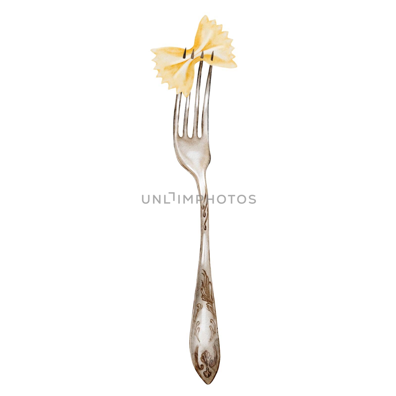 Fork with farfalle watercolor illustration. Hand drawn italian macaroni on white background. Food clip art. Ideal for pasta packaging, restaurant menus and posters. High quality illustration