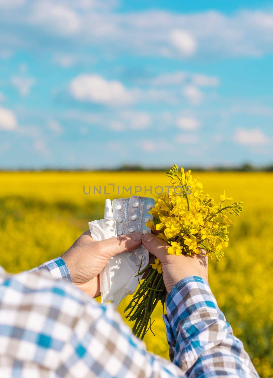 Yellow field flowers allergy. Selective focus. Nature.
