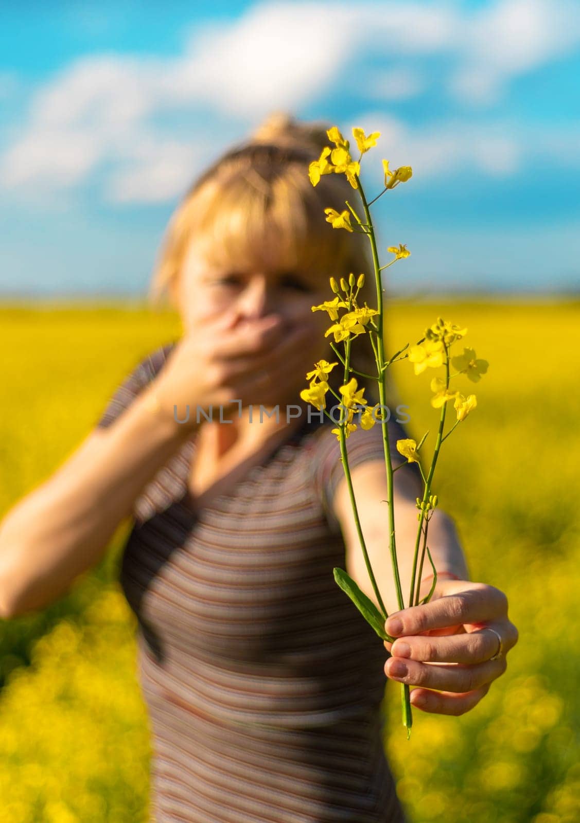 Yellow field flowers allergy. Selective focus. nature.