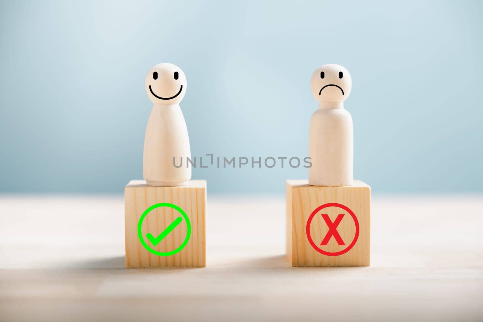 Wooden block choice, people display right and wrong contemplating yes or no. Business dilemma depicted by true and false symbols on wood. Decision-making concept shown. Think With Yes Or No Choice.