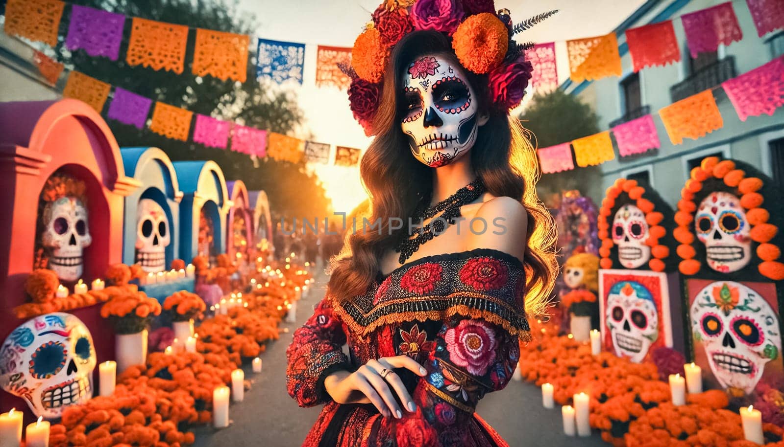 A woman stands in festive celebration, dressed in vibrant, embroidered attire, with intricate sugar skull face paint. Surrounded by colorful marigold flowers, candle-lit altars, and glowing sunset, she honors the spirit of Dia de los Muertos.