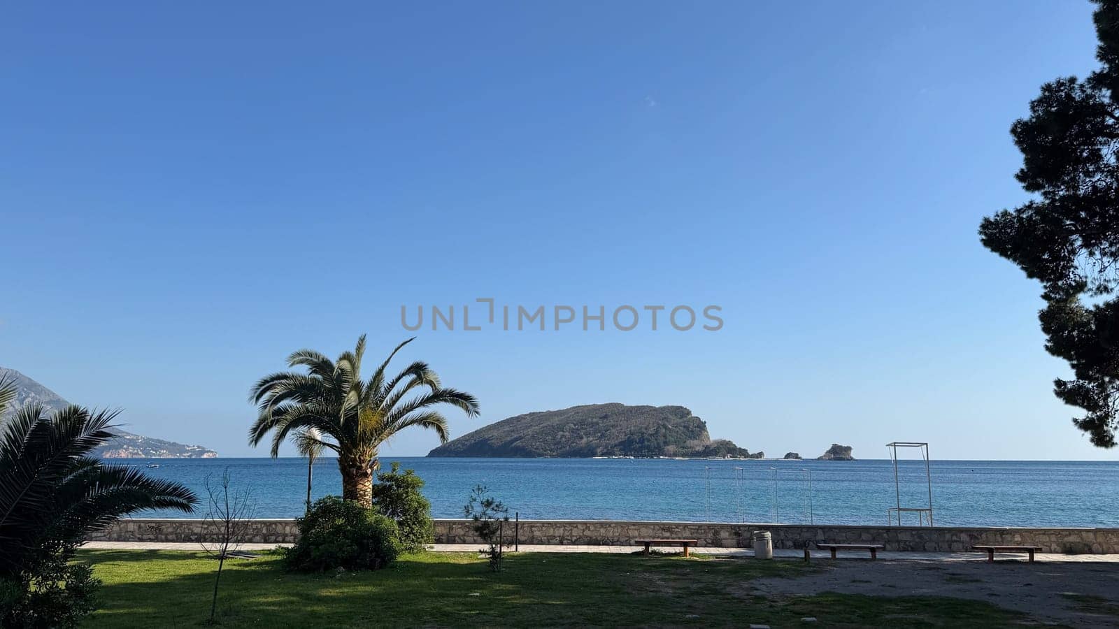Peaceful ocean view from a landscaped park with palm trees, benches, and a distant forested island. High quality photo