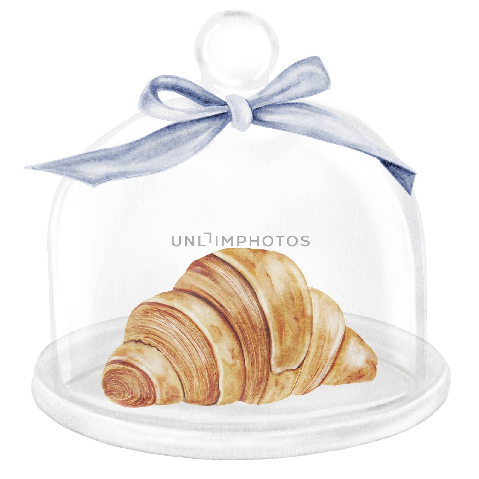 Croissant and cloche watercolor illustration. Hand drawn fresh french bun in a glass dome with a bow. Food clip art. Ideal for bakery prints, postcards and pastry shop posters. High quality illustration