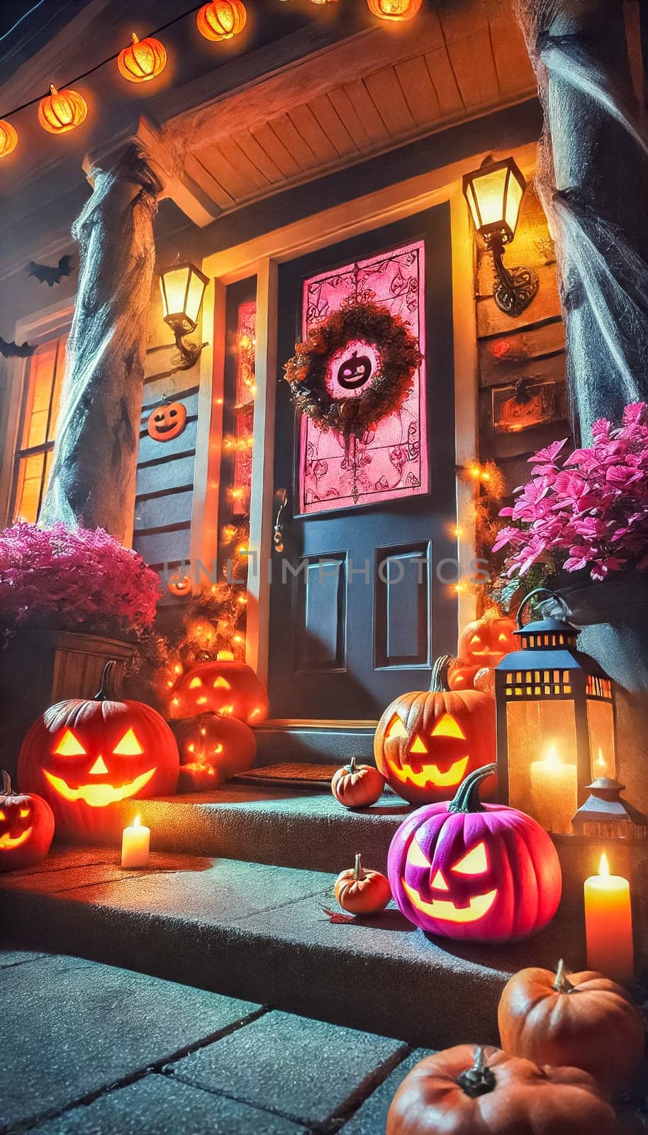A cozy Halloween porch is illuminated by flickering lanterns, with glowing jack-o'-lanterns and vibrant pink pumpkins. The front door is adorned with cobwebs and a spooky wreath, creating a magical contrast between traditional and whimsical decor.