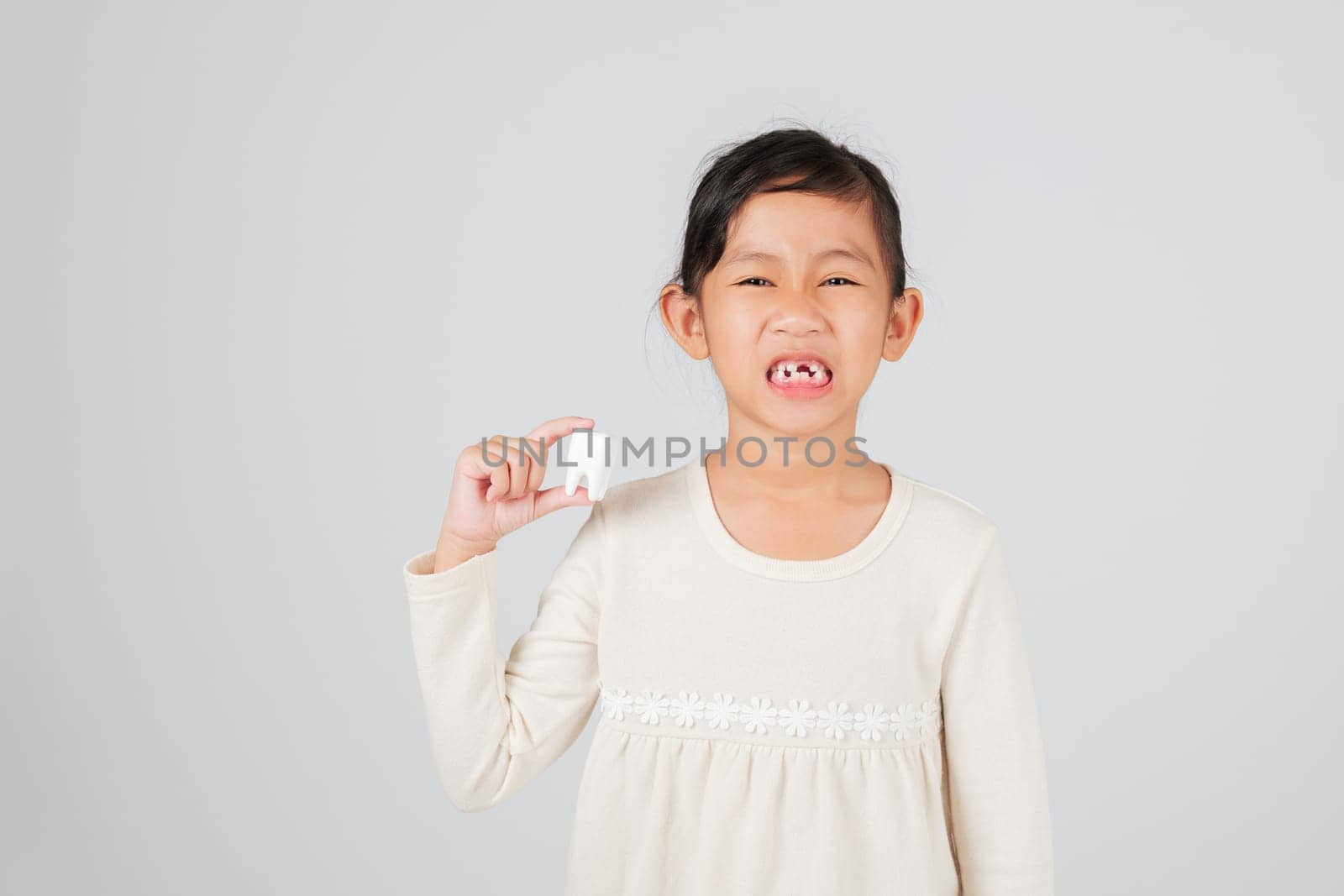 Kid girl smiles with missing tooth, holding model in hand for dentist talk. Showing teeth gap to explain dental care, child development, and natural tooth loss. isolated white background
