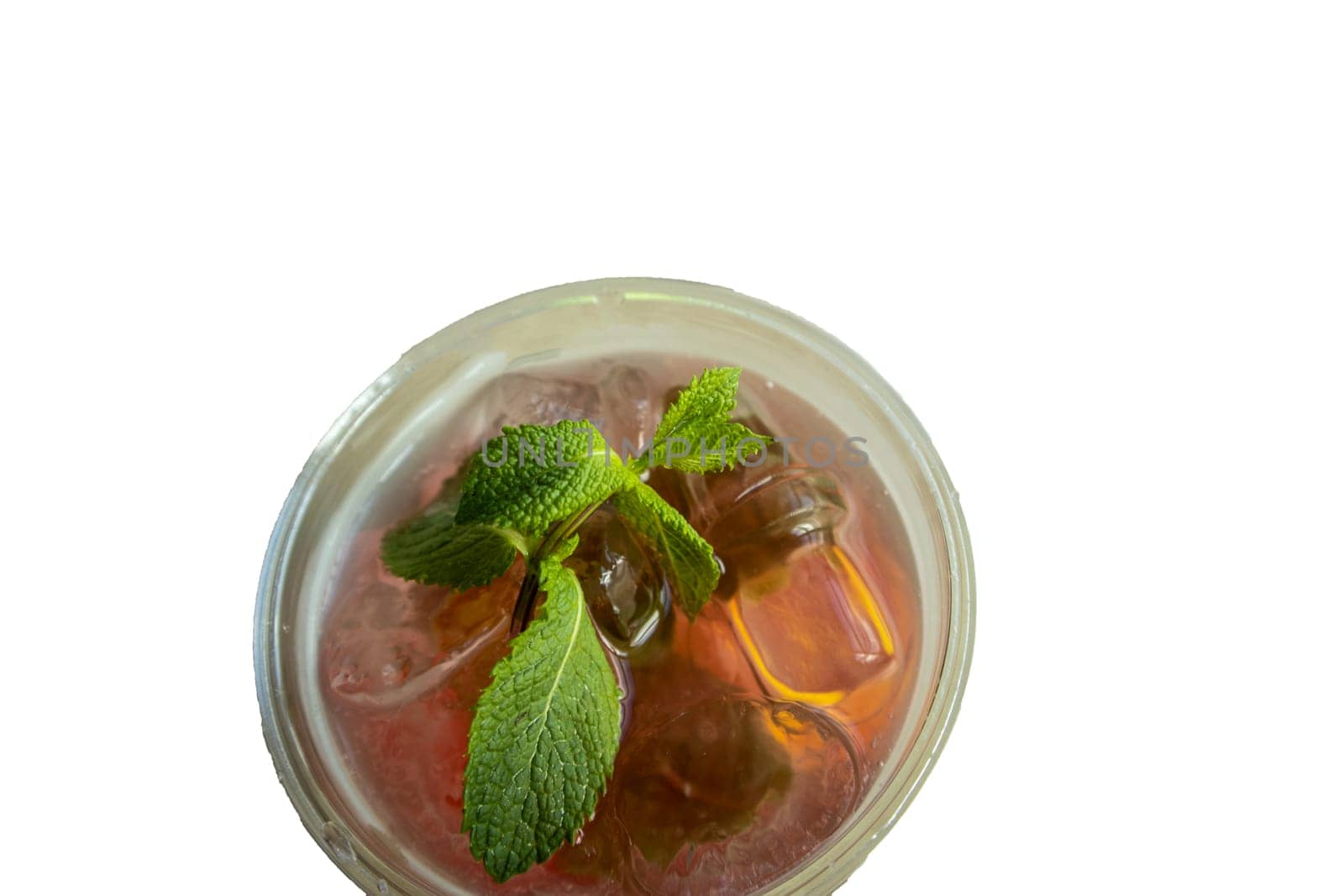 Top view of fresh cocktail, mojito, margarita, lemonade, honey lemon soda with lime slice and mint isolated on white background.