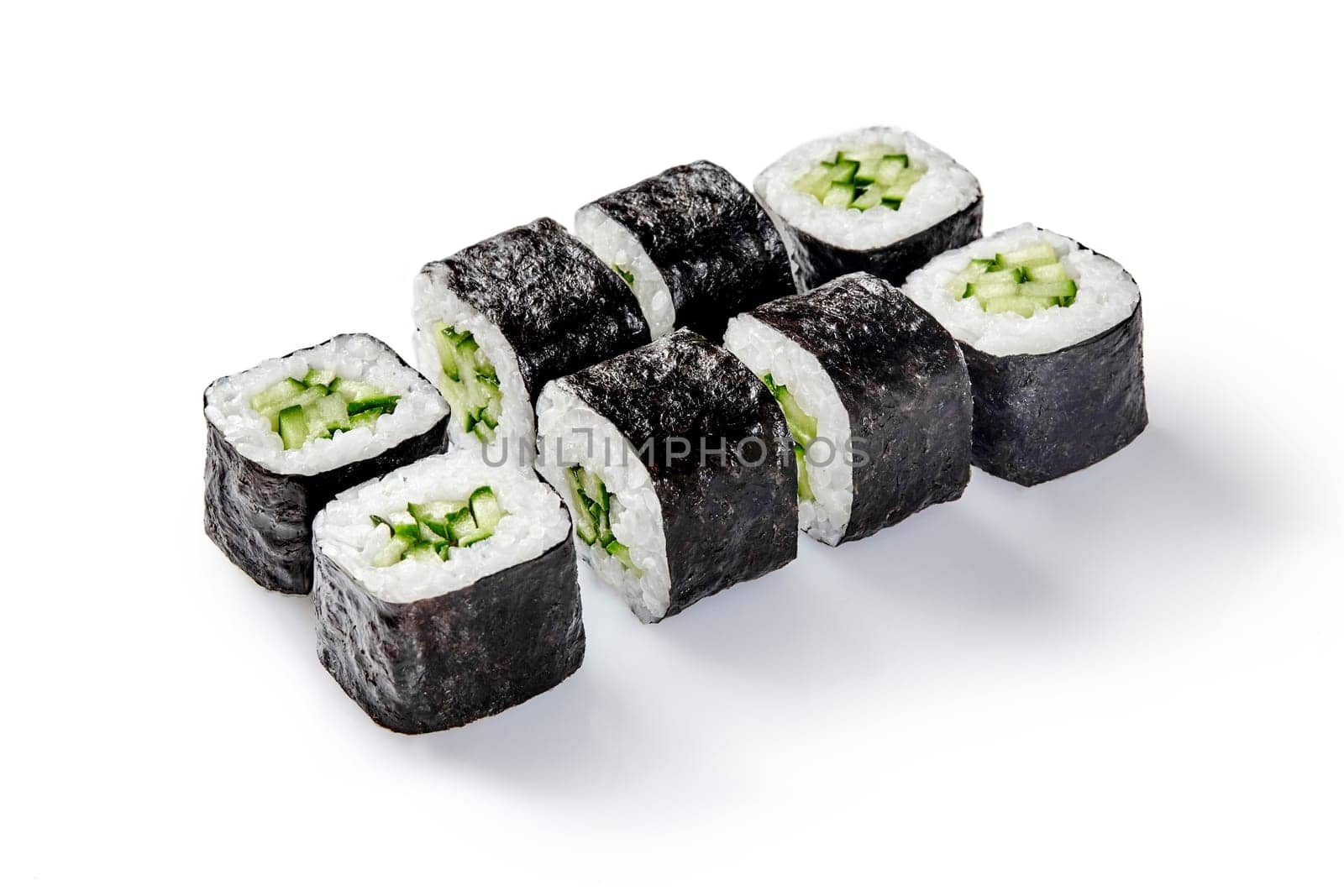 Fresh kappa maki sushi rolls filled with cucumber and rice, creating a simple and delicious japanese culinary experience