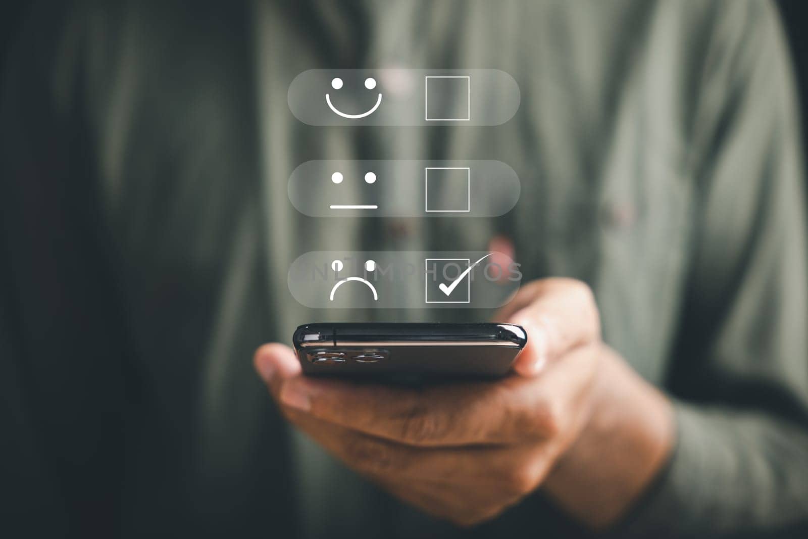 Unhappy client concept. Person holding smartphone showing one star rating. Expressing disappointment and sadness. Negative review, bad service, low satisfaction. dissatisfaction on business reputation