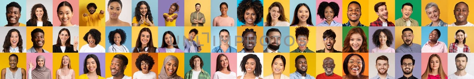 A vibrant collage of diverse individuals displaying lively expressions. This collection highlights a range of skin tones and styles, emphasizing the beauty of diversity and shared joy.