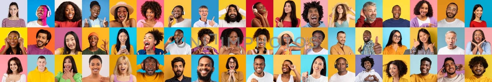 A colorful collage features diverse faces, highlighting a diverse group engaged in joyful expressions.