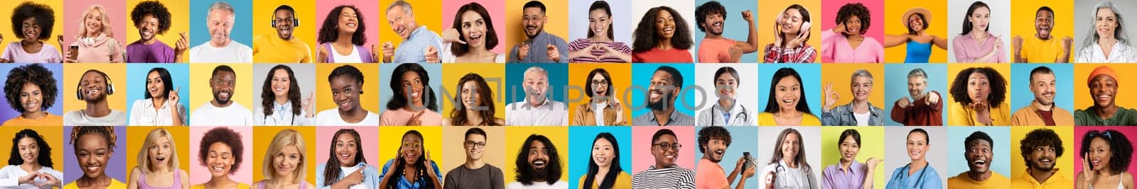 This lively collage showcases portraits of multiracial individuals smiling and expressing joy against colorful backgrounds. Each person radiates positivity, reflecting a celebration of diversity.
