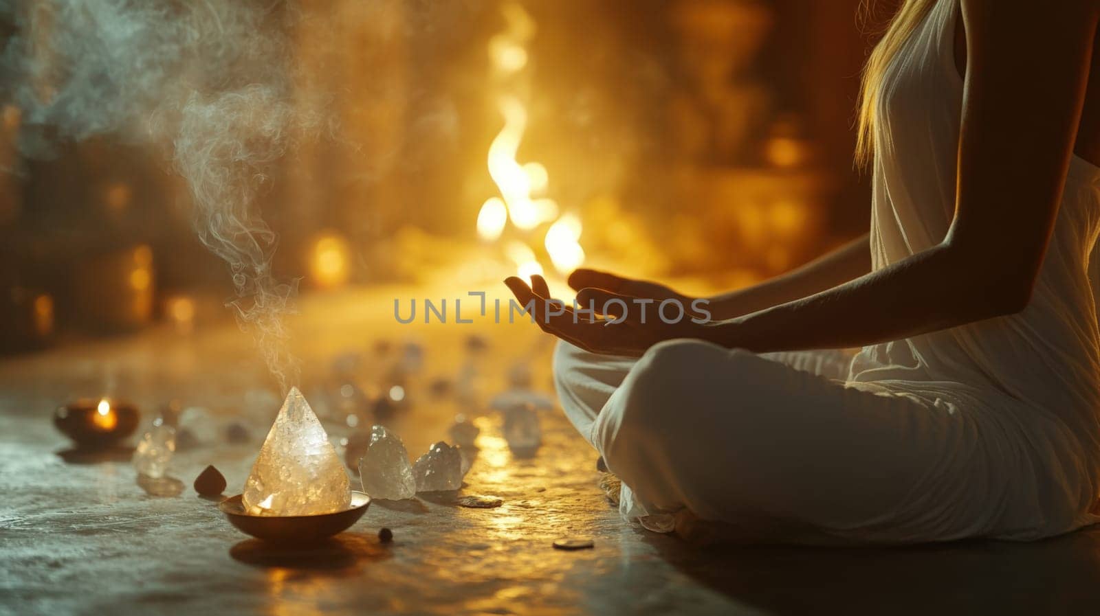 Person meditating with crystals and incenses