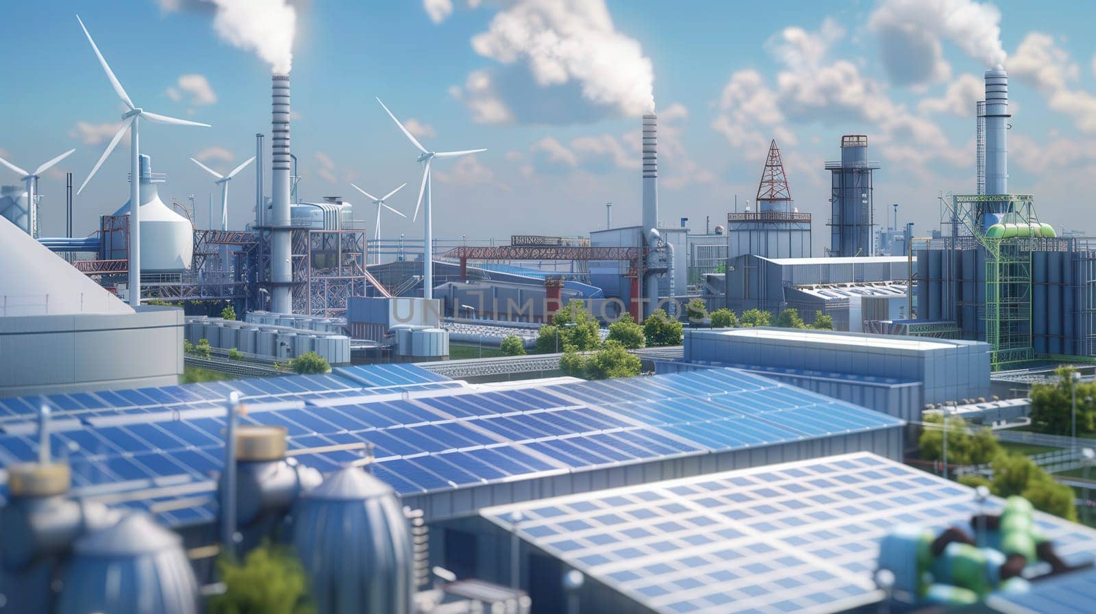 Depiction of an industrial facility powered entirely by renewable energy sources