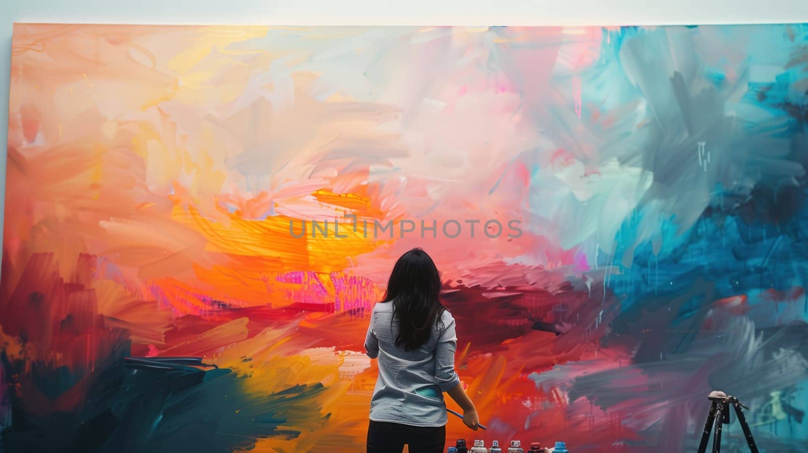 Woman hanging a big picture