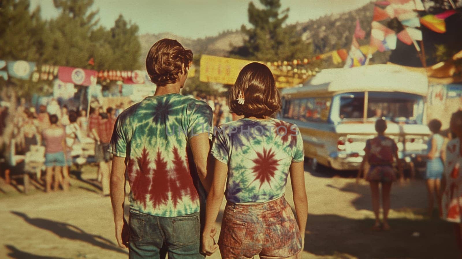 Vintage 1960s scene with people in classic tie-dye shirts