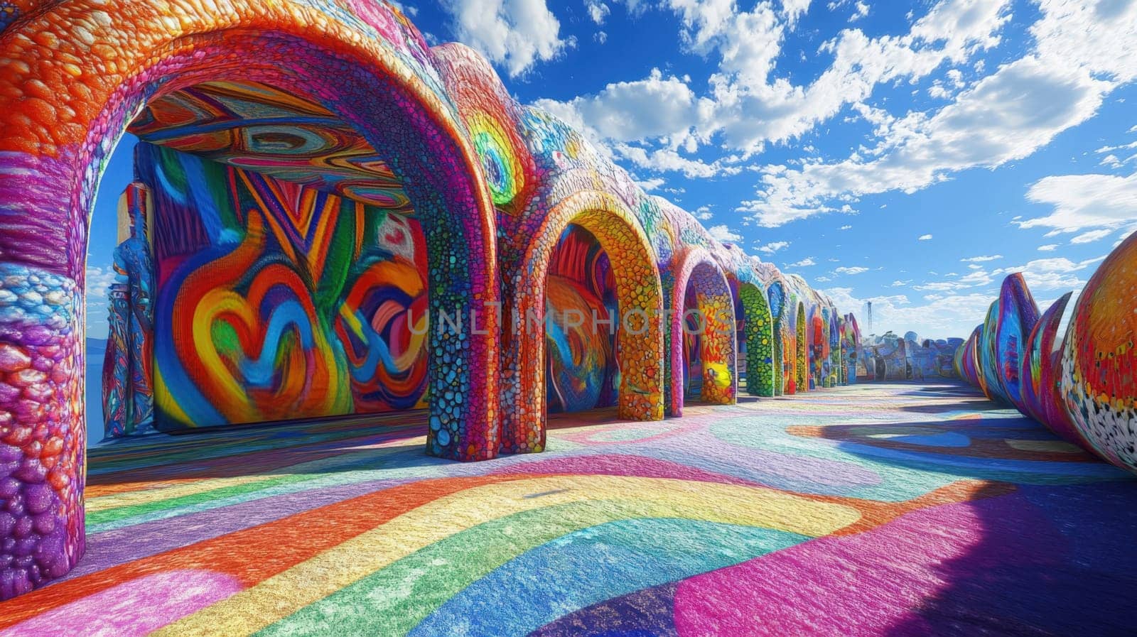 Hippy festival with vibrant art installations
