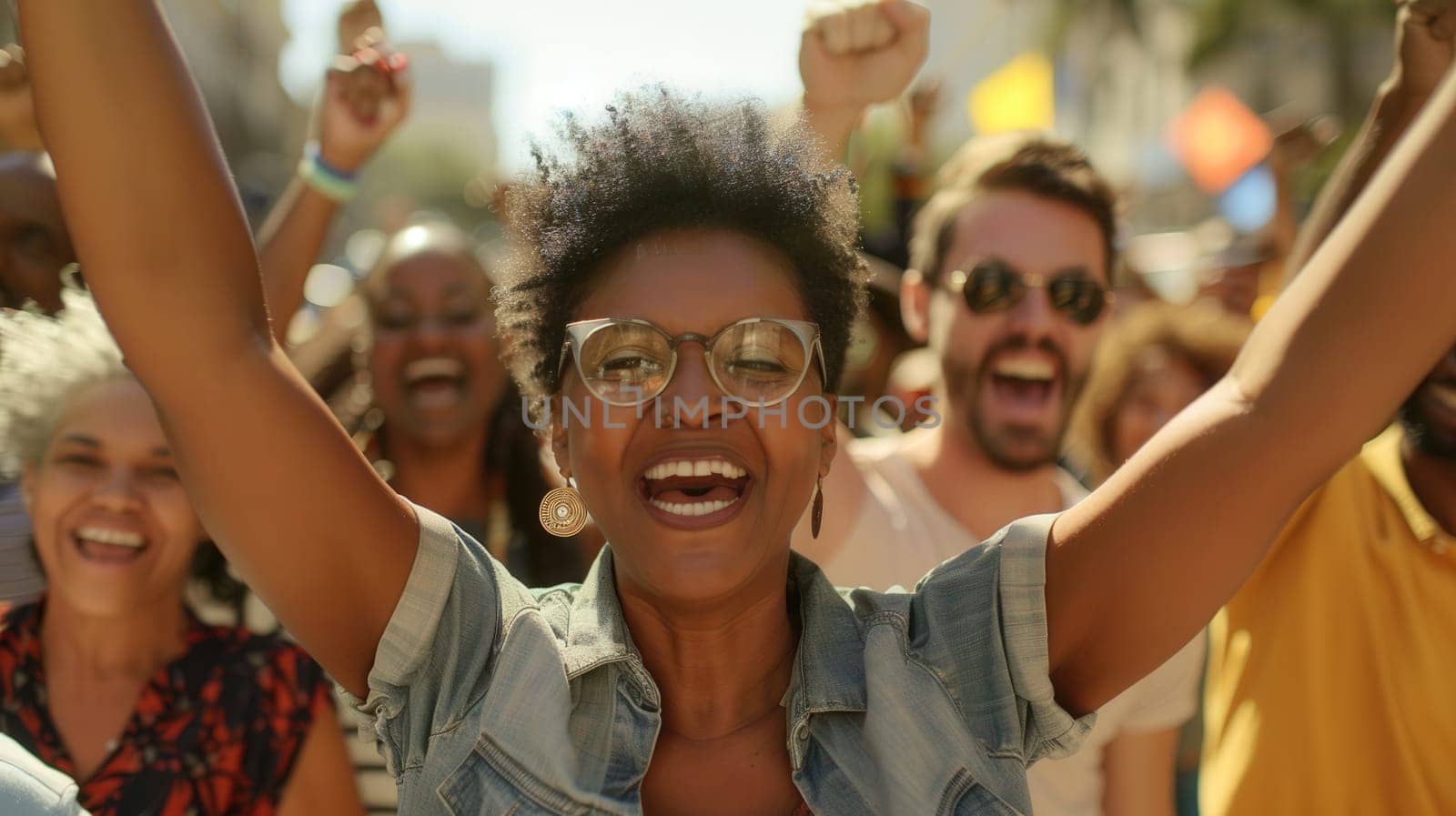 diverse group of people are rejoicing