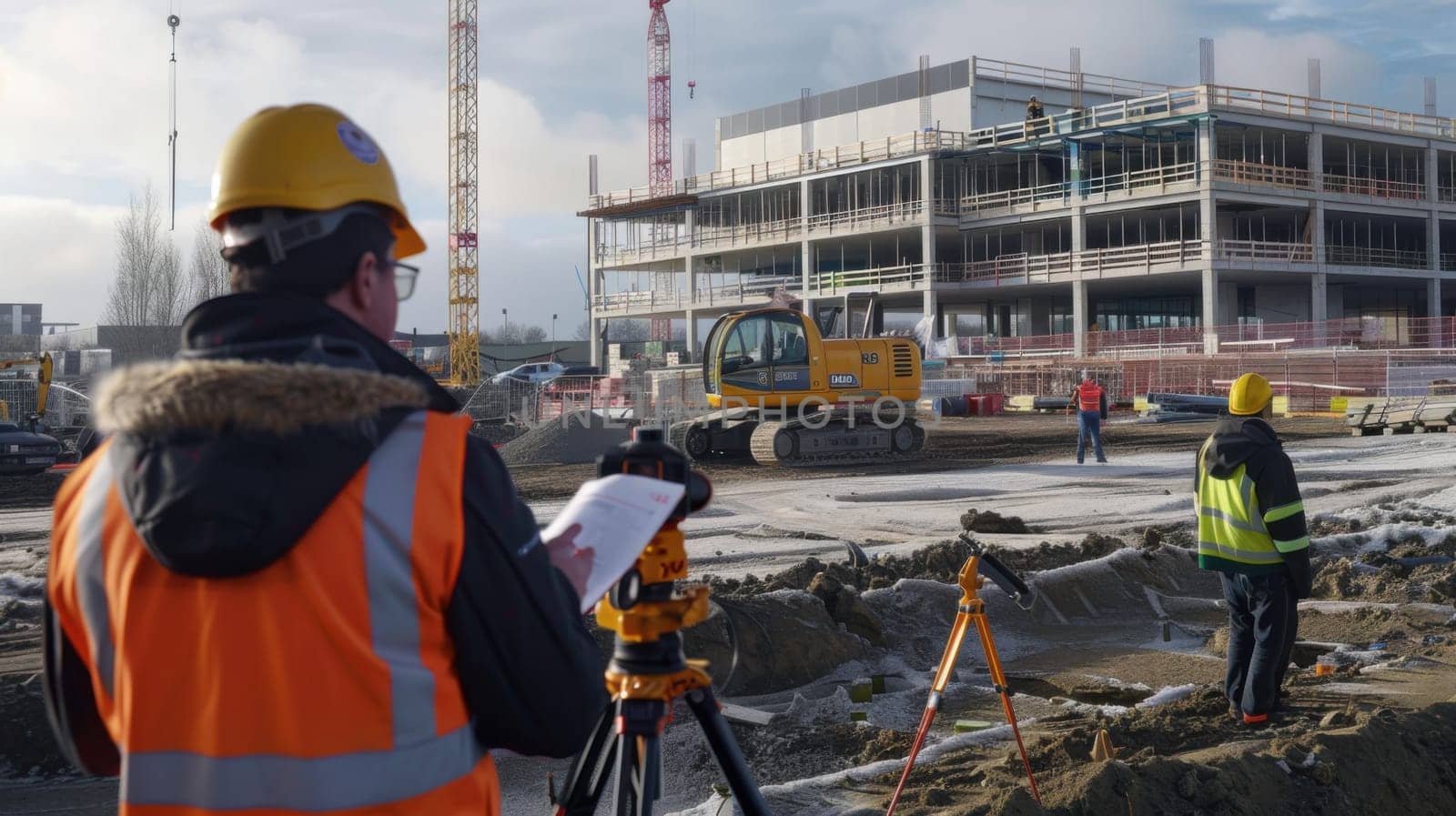 Workers at a construction site, wearing hard hats and safety vests