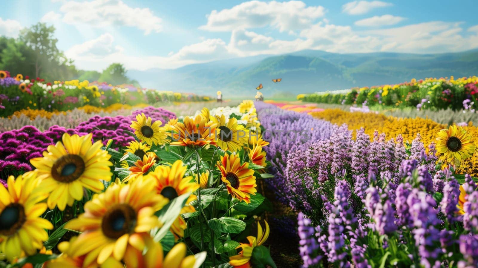 flower farm in full bloom. Fields of vibrant flowers such as sunflowers, lavender, and tulips stretch into the distance