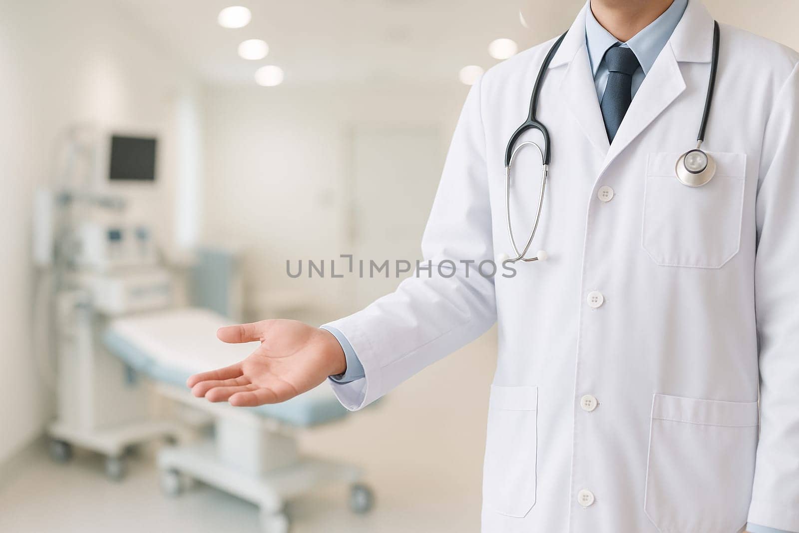 AI generated image of a doctor in medical uniform standing at the edge of the frame gesturing to invite into a hospital examination room.