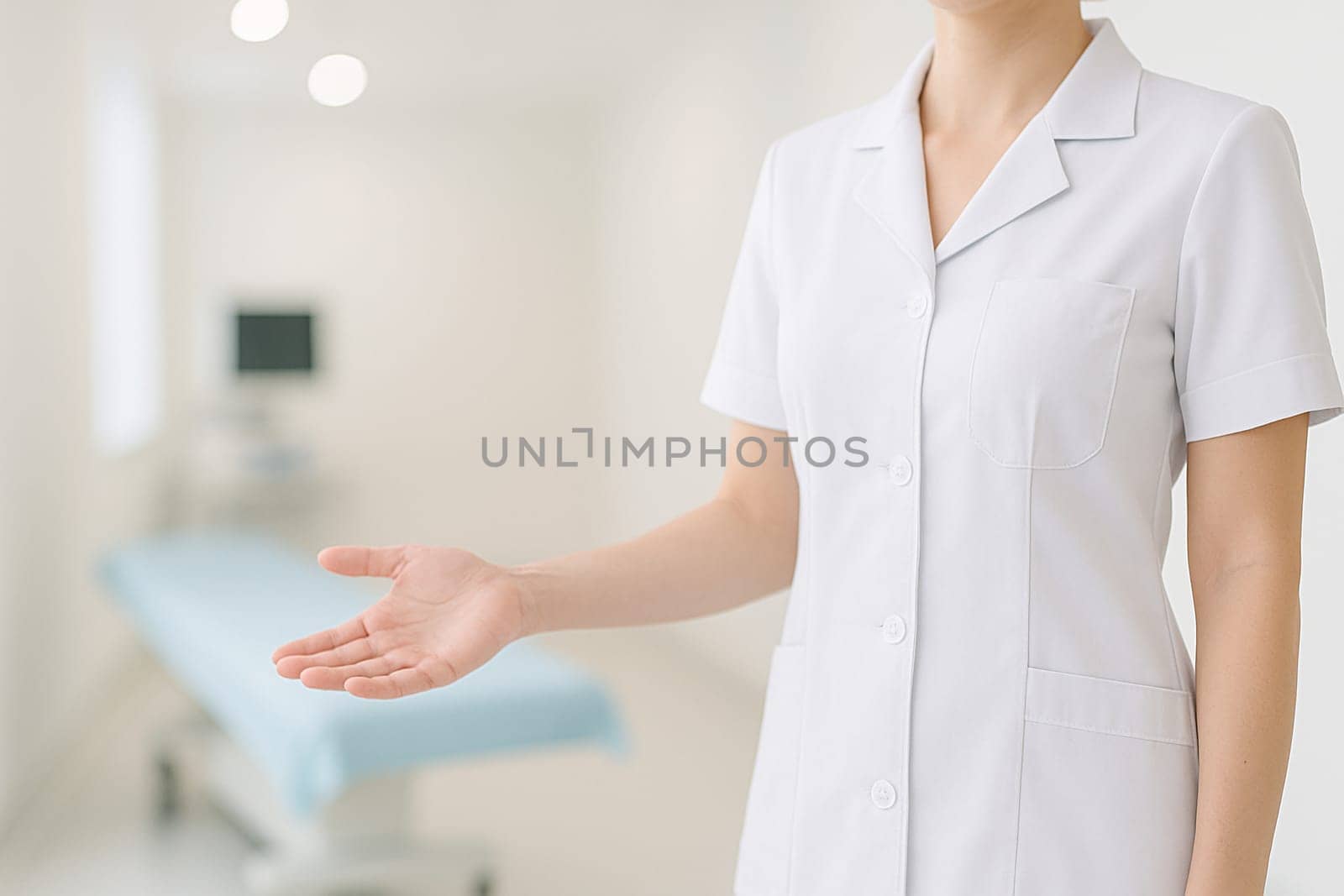 AI generated image of a nurse in uniform standing at the edge of the frame gesturing to welcome a patient into a clean hospital examination room.