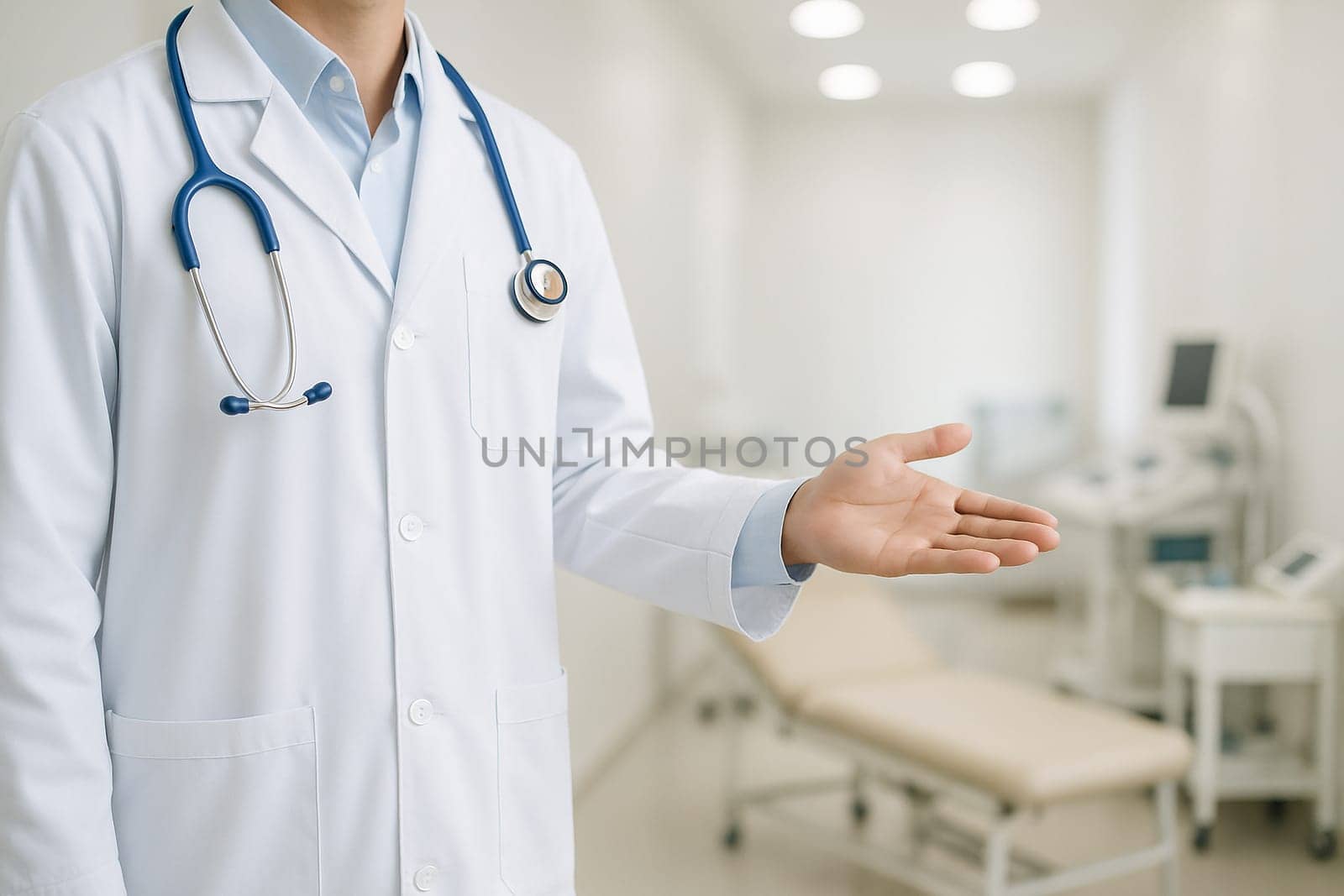 AI generated image of a doctor in medical uniform standing at the edge of the frame gesturing to invite into a hospital examination room.