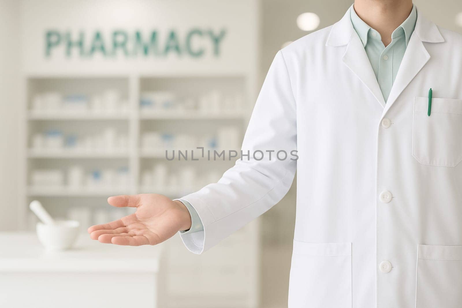 AI generated image of a pharmacist in white coat gesturing to invite customers into a well-organized pharmacy.