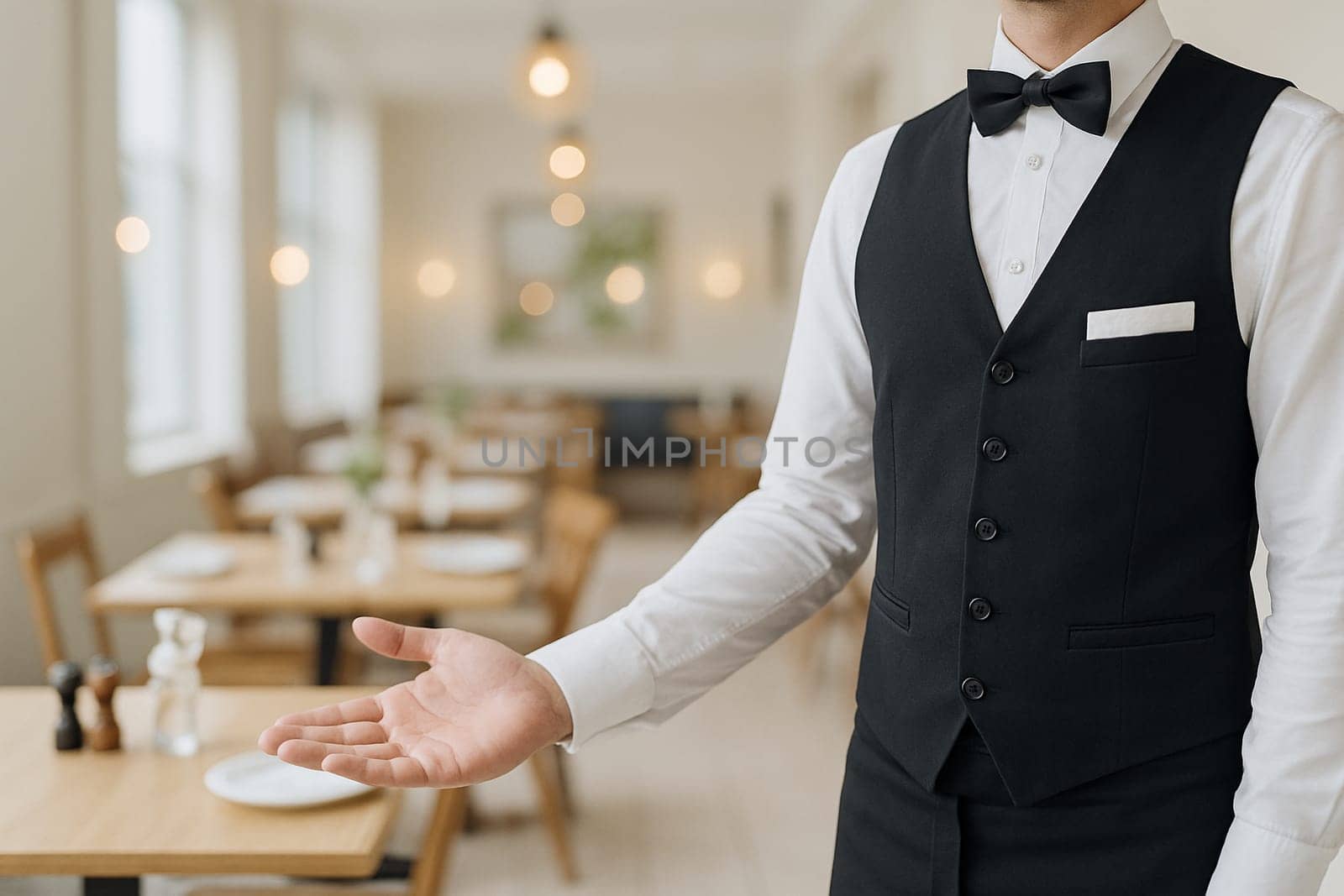 AI generated image of a professional waiter in uniform gesturing to invite diners into a western restaurant. The scene conveys warm hospitality, casual fine dining atmosphere and friendly service