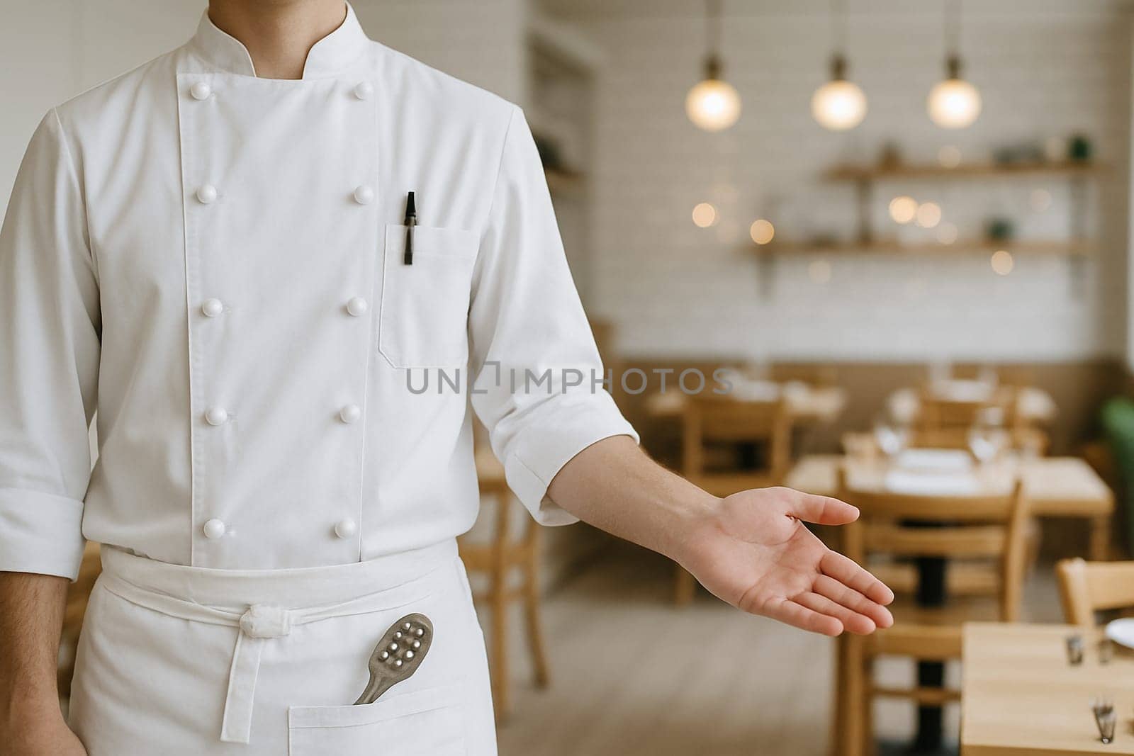AI generated image of an executive chef in full whites gesturing to welcome diners into an elegant fine dining restaurant in a hotel.