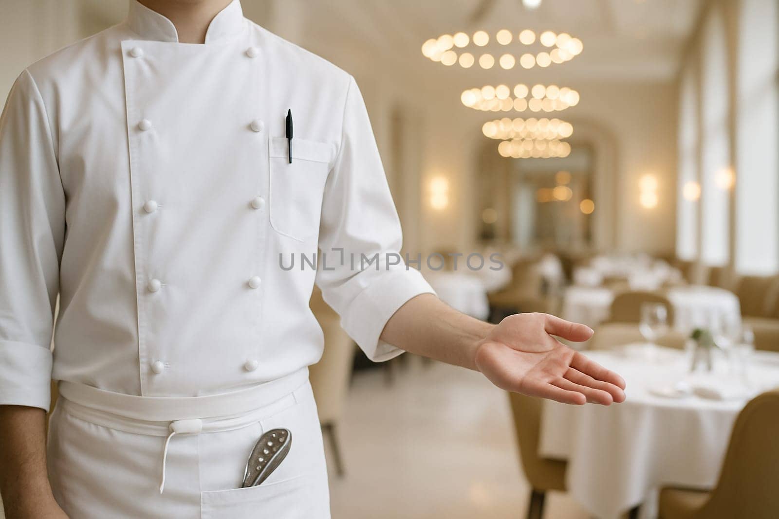 AI generated image of an executive chef in full whites gesturing to welcome diners into an elegant fine dining restaurant in a hotel.