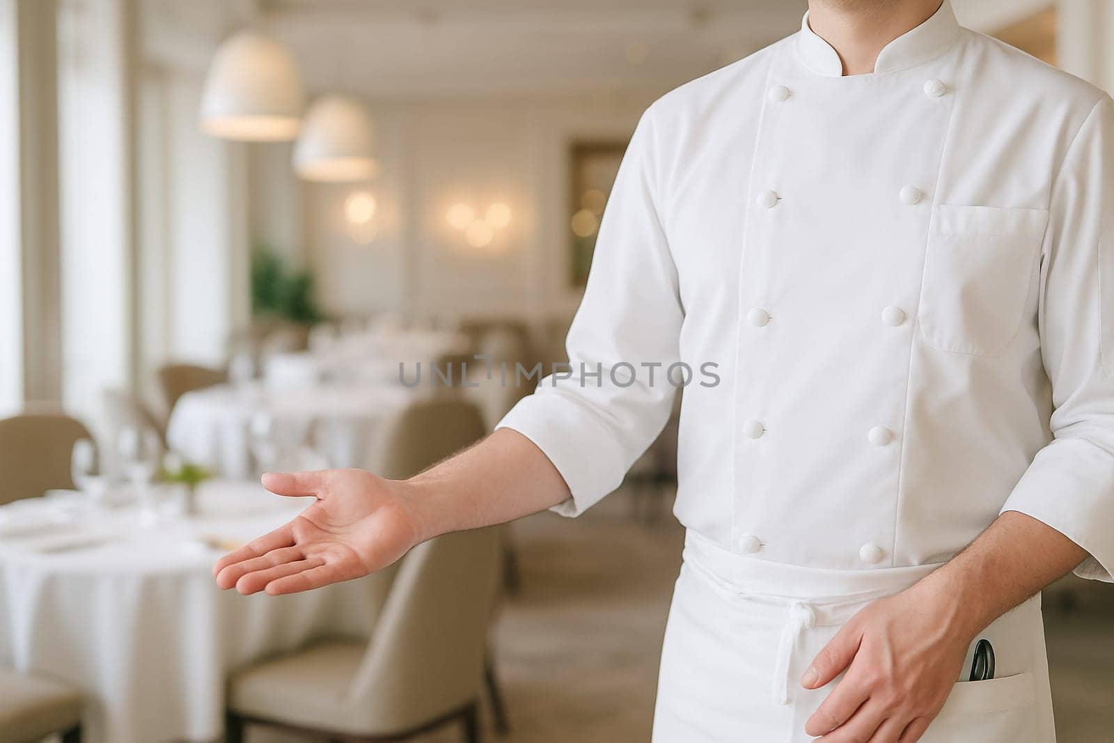 AI generated image of an executive chef in full whites gesturing to welcome diners into an elegant fine dining restaurant in a hotel.
