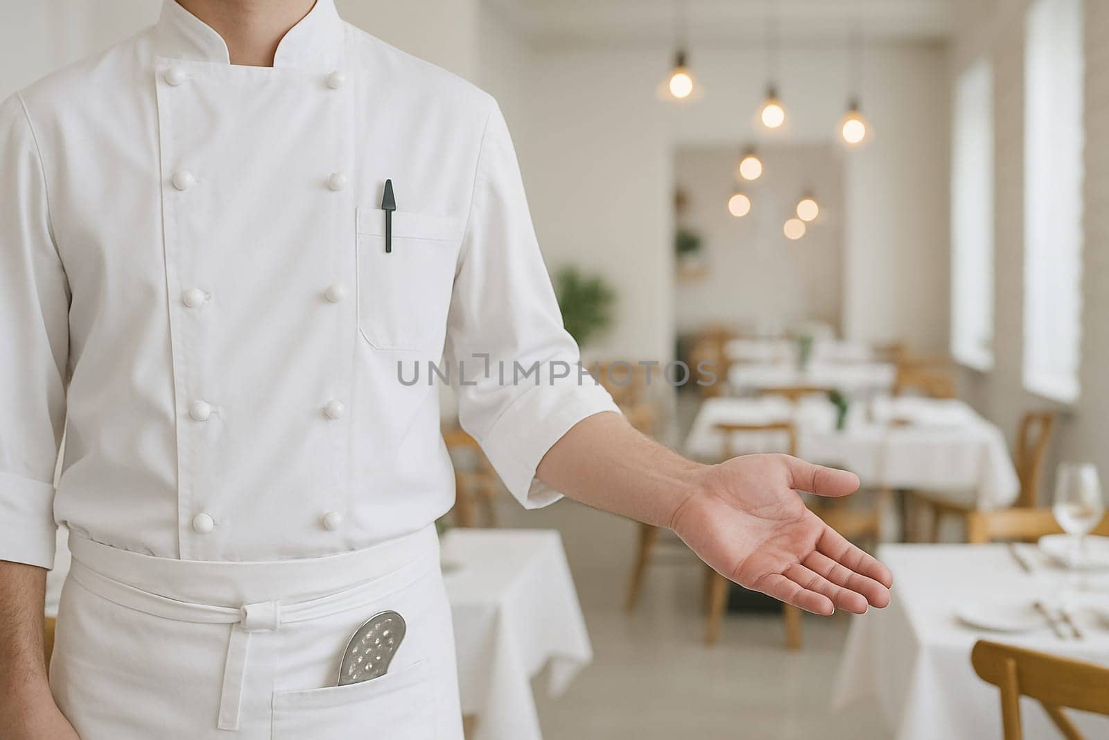 AI generated image of a professional chef in traditional white uniform gesturing to welcome diners into an elegant western restaurant. 